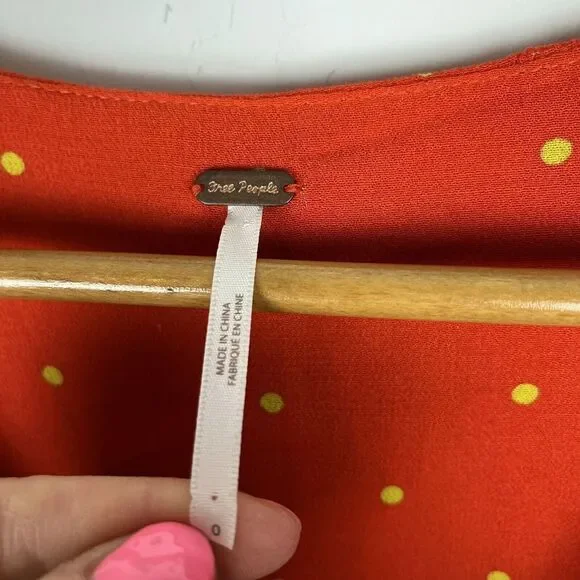 Free People All Yours Orange Polka Dot Tie V Neck Mini Dress Size 0 A Line - Picture 7 of 8